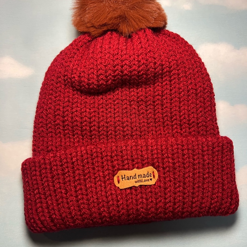Handmade Pom Beanie Hat - Red